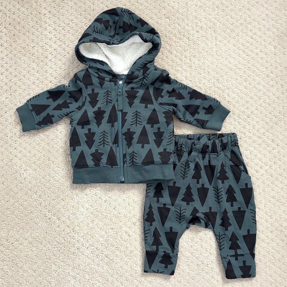 Hanna Andersson Green Christmas Tree Jacket and Pant Sweat Set Baby Sz 3-6 Mo